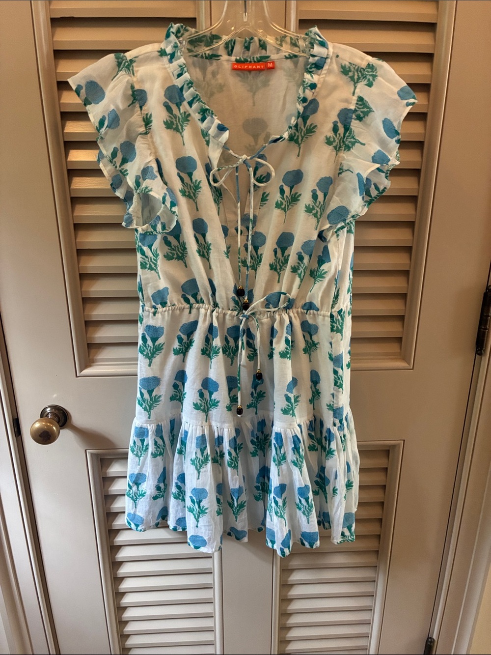 Oliphant Blue & Green Floral Tie-Front Ruffled Tunic Dress